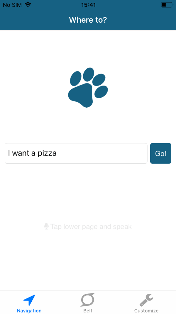 Screenshot iOS app, main menu with search bar